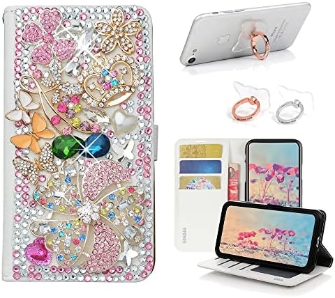 Чанта-портфейл STENES Bling за телефон, съвместим с Samsung Galaxy S23 Case - Стилен - Кожен калъф ръчна изработка с 3D цветя-вятърни мелници, Корона и папийонка, с титуляр-поставка за пръстени [2] - Розов