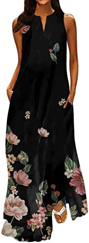 Жена Ново Пролетно-Лятното Модно Класическата Дълга Рокля без ръкави с V-образно деколте и цветен принтом TREBIN
