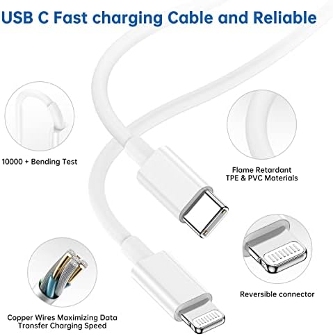 3 опаковки за Бързо Зарядно устройство iPhone 14 Plus, 20 W USB C, захранване за стена зарядно устройство с Удостоверение Apple Пфи 10-футовым кабел за зареждане Type C от Lightning Power, Кабел за трансфер на данни