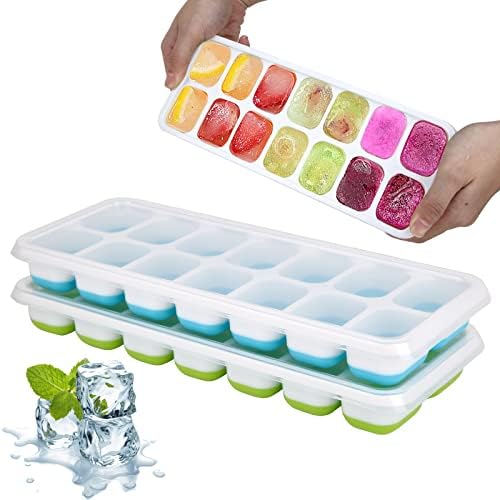 Тава за кубчета лед BOHAIPAN, Силикон тава за лед в 2 опаковки, 14 Форми за кубчета лед с Капаци, Штабелируемые форма за кубчета лед за охлаждане на напитки, уиски, коктейли (синьо + зелено)