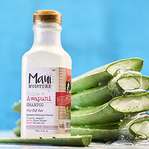 Maui Moisture Shine + Awapuhi Хидратиращ Вегетариански шампоан с кокосови масла за лъскава коса, която не съдържа силикон и сулфати Повърхностно активен шампоан с Алое за разнищване и овлажняване на незначителното косата,