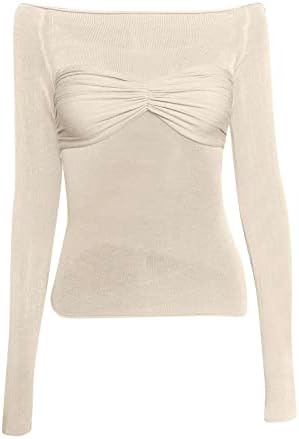 KANGMOON Блузи с дълъг Ръкав и имитация на шията за Жени, Дамски Модни Тениски с Дълги ръкави и Отворени Рамене, Големи Размери, Коледно Бельо