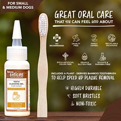 Гел за почистване на зъби TropiClean Enticers и четка за зъби за S / M кучета - Фъстъчено масло и мед, 2 унция - Бамбук четка Ускорява премахването на зъбната плака - Гел помага да се бори с неприятна миризма от устата