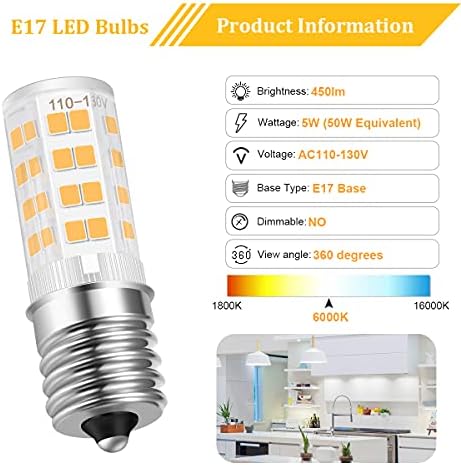 Led лампи невероятна мощност-E17, Крушки за домакински уреди E17, Крушки За микровълнова печка, Дневна светлина, Бяло 6000 К - 2 опаковки