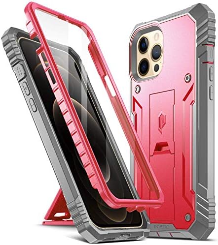 Серия Poetic Revolution за iPhone 12 Pro Max 6,7-инчов калъф, здрав Двуслойни устойчив на удари Защитен калъф по цялото тяло със стойка и вградена защитно фолио за екран, розов