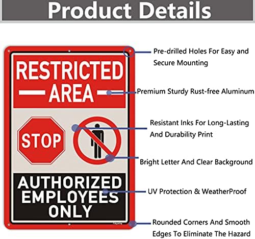 Знак за ограничена зона в пакета, само за упълномощени служители, 14x10 инча, знак Стоп, не въвеждайте, Метален, Отразяващи Ръжда, Алуминий, Атмосферостойкий, защитени от ултравиолетови лъчи, Лесен Монтаж, употреба