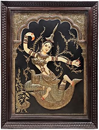 Снимка на Екзотична Индия от 42 x 54 Богиня Рати Танджоре | Традиционните Цветове С 24-Каратово злато | Рамка от Тиково дърво | Gold &