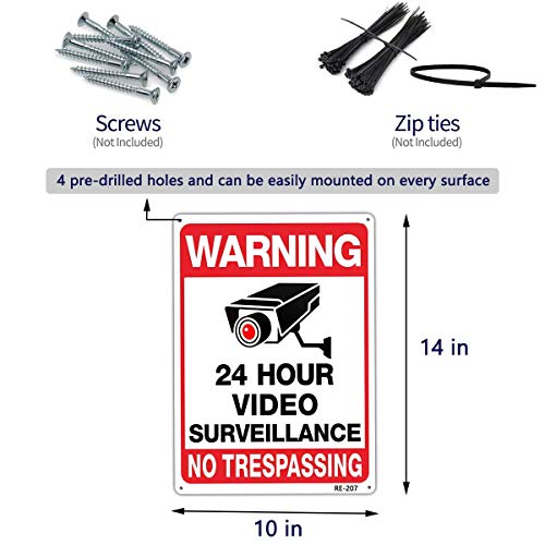 Сигнал за използването на камери за видеонаблюдение, 24-Часова знак за видеонаблюдение, напечатанная алуминиеви UV мастило 10x14, трайно / Атмосферостойкая до 7 години на открито за дома и бизнеса (4 опаковки)