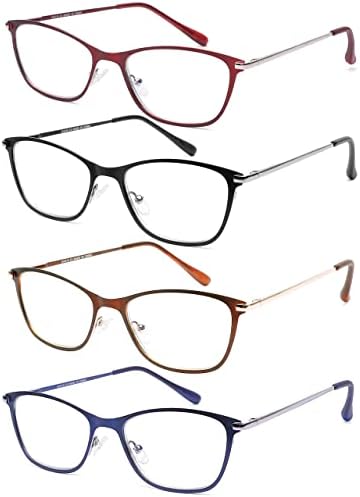 Очила за четене HIYANJN, 4 опаковки, дамски очила за четене с метални рамки, синя светлина, блокер очила, извити панти, компютърни ридеры