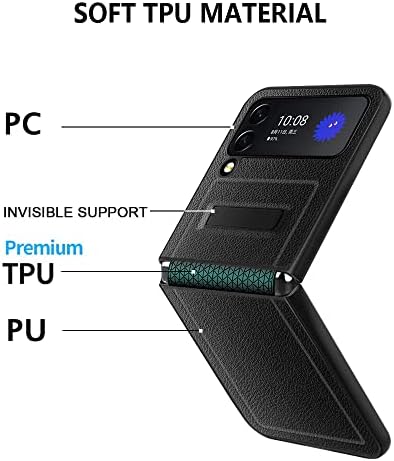 Калъф Z Flip 4 със защита на панти и вградена защита на обектива и скрита стойка, поддържа безжична зареждане Кожен калъф за Samsung Galaxy ZFlip4 5G (2022) Черен