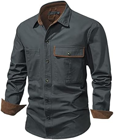 Maiyifu-GJ Мъжки Ризи за туризъм с дълъг ръкав, Лека Ежедневна Риза-карго копчета, Однотонная Приталенная риза с джобове (Сива, малка)