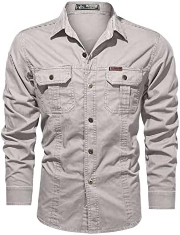 Мъжки Класически Тканая Риза с дълъг ръкав, Улични Обикновените Прилепнали Блузи копчета с джоб, Тениска True Comfort