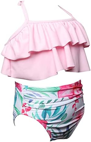 Бански за малки момичета, бански-двойка с флорални принтом и волани за малки момичета, комплект Бикини, Бански костюм за деца (розово, 4-5 години)