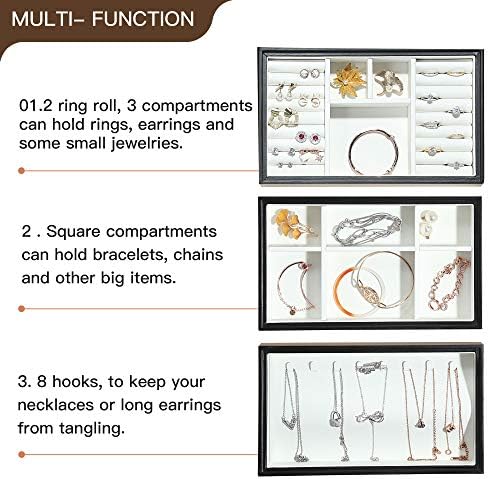 Дървена Ковчег за бижута CASEGRACE, Трехслойная Штабелируемая Кутия-Органайзер за Бижута с покритие от Изкуствена Кожа, Дървена Кутия За Съхранение на Бижута, за Обици, Колиета, Пръстени