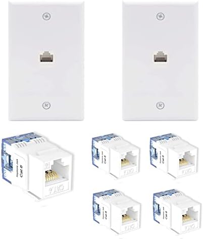 Комплект стенни розетки VCE 2-Pack с 1 пристанище Cat6 RJ-45 Keystone Inline Coupler и 5-Pack rj-45 жак Cat6 Keystone с 180-градусова вмъкна в Бял цвят