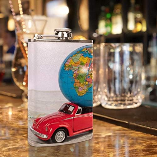 Фляжка за алкохол от Неръждаема Стомана Запечатани с Фуния 7,7 унция в Кожа Джоба една Чудесна Идея за подарък Фляжка - Cabriolet Car Globe