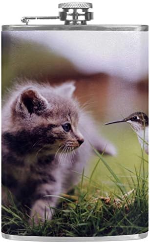 Фляжка за Алкохол от Неръждаема Стомана Запечатани с Фуния 7,7 унция в Кожа Джоба една Чудесна Идея за подарък Фляжка - Cat Bird Meeting
