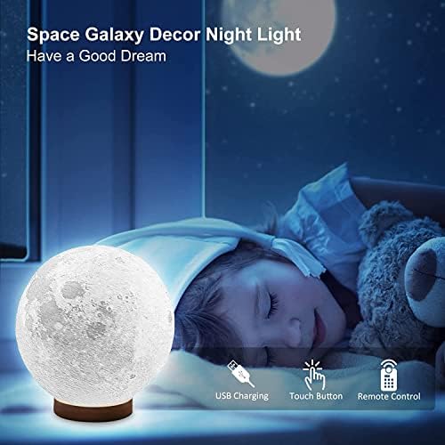 FLRYBRG 5,9-инчов Въртящ се на Лунна Светлина, 16 Цвята, led лека нощ, 3D Печат, Лунен Лампа с поставка и дистанционно/сензорен контрол и USB-батерия, Лунните лампи за декор на стаята /Подарък за деца