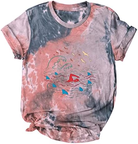 Горната Риза за Жени Лято Есен с Къс Ръкав е Удобна Цветни Дрехи в памучна Тениска с Кръгло Деколте и Графичен Дизайн 94 94