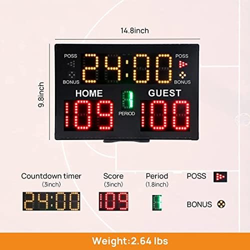 Дигитално табло за баскетбол, Професионална Стенни часовници за броене на точки, с един сигнал 75 db таймер за обратно отброяване и броене на точки за игри, Задвижвани от батерия, идеален за баскетболни зали, спортни