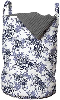 Чанта за дрехи Lunarable Rose, е с модел в стил английската градина с Контурными Рози и Силуэтами листа, Кошница за дрехи с дръжки, заключващи на шнур, за пране, 13 x 19, Цвят Ceil Blue Индиго