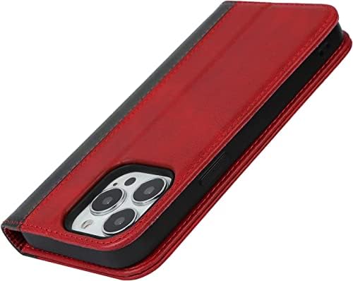 Чанта-портфейл SOUMIX за iPhone 14/14 Plus/14 Pro/14 Pro Max с държач за карти за жени и мъже, Кожен Защитен калъф Премиум-клас с магнитна закопчалка, флип-надолу поставка за телефон (Цвят: червен, размер: 14Pro)