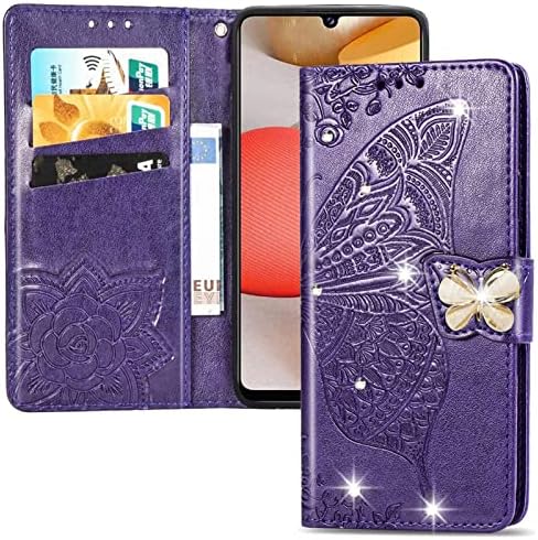 IMIRST за Galaxy S23 Ultra Калъф За телефон с Лъскави Бижута и Диаманти, Флип Калъф-Портфейл от Изкуствена Кожа с Релефни, Калъф с Поставка, Отделения за карти, Калъф за Galaxy S23 Ultra Purple Butterfly SDBZ