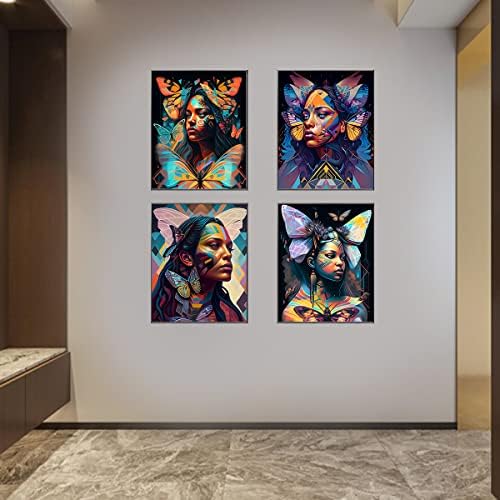 Стенно Изкуство с участието на Африкански жени, Плакат на Платно Жена с пеперудата, Модерен Начало Декор, Абстрактен Портрет Плакати 8x10 инча, Платно, Без рамка, Комплект от 4