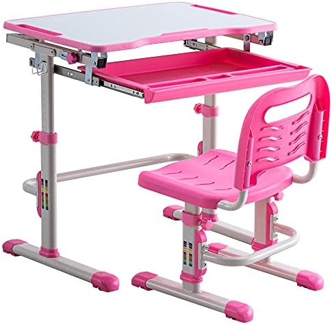 LNZSQQ Детска маса и стол, Регулируема по височина Детски работно бюро за училище или у дома, Наклонен desk, Ергономична облегалка на стола с чекмеджета за съхранение на за момчета и момичета 3-18 години (розов)