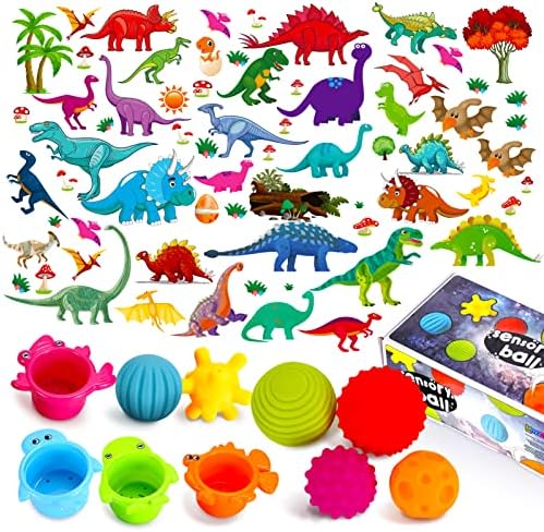 Lemostaar Sensory Balls for Kids - Канава Набор от няколко Топки за Бебета и малки деца + 77 Стикери с Динозаври, Декор и с Динозаври, за момчета и Момичета