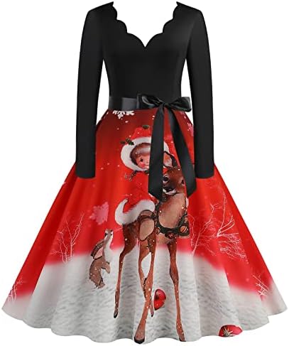 Коледна рокля за жените 1950-те Години, Винтажное един Коктейл Рокля за Бала И V-образно деколте и Анимационни Принтом, Рокли-Люлка Трапецовидна форма