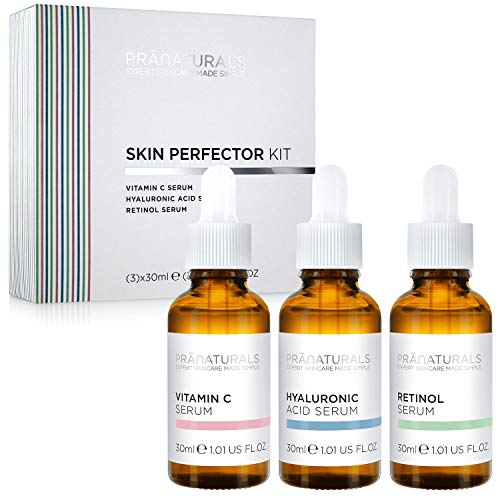 Комплект Серум за лице PraNaturals Skin Perfector 3x30 ml Серум с хиалуронова киселина, ретинол и витамин С – анти-ейдж крем за грижа за кожата, намалява Малките бръчки, Обогатен с натурални масла