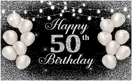 Allenjoy Сребърен Честит 50-ти Рожден Ден Снимка Фон, Блестящи Точки С Пайети и Петдесет Години Годишнина Рожден Ден Вечерни Бутилки Декор Банер Фон За Снимки