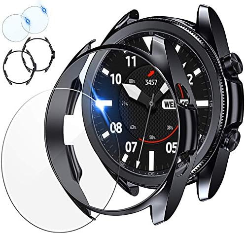 [2 + 2] Съвместим с Tensea Samsung Galaxy Watch 3 Протектор на екрана, 45 мм, калъф, 2 защитни фолиа, изработени от закалено стъкло и 2 покривала за часа от TPU, комплект аксесоари за Galaxy