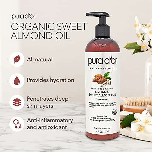 Органично масло от сладък бадем PURA D ' OR (16 унция), сертифицирано от Министерството на селското стопанство на САЩ, Чисто и натурално масло-носител, Без хексан - За кожа