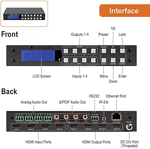 Матричен превключвател J-Tech Digital 4K 4x4 HDMI HDMI2.0 4K 60Hz 4: 4: 4 HDR, съвместим с Dolby Vision, с аудиовыходами, панел, дисплей, уеб-базиран GUI, приложение J-Tech Digital Control [JTECH-4KM44A]