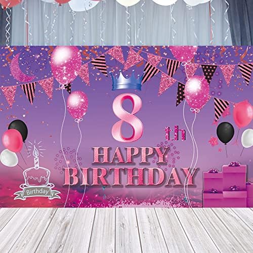С 8-ия Рожден Ден на Фона на Банер Розово Лилаво 8-ия Знак Плакат на 8-Ия Ден от Раждането, за да проверите за Юбилейна Фотобудки Фон за Снимки Украса за парти по случай рожден Ден, 72,8x43,3 инча