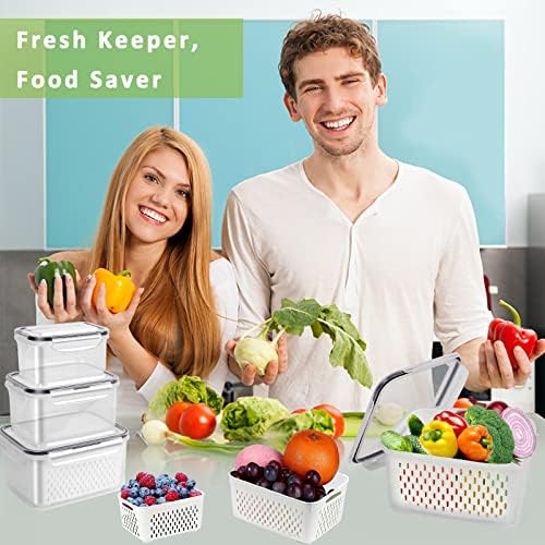 Контейнери за съхранение на плодове WBKTOOL за Хладилник, 3 опаковка, Контейнер за зеленчуци, Средство за съхранение на продукти с Сливными Дуршлагами + Капаци, Контейн