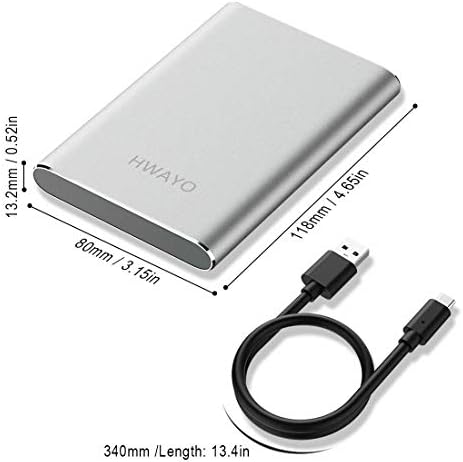 Преносим външен твърд диск HWAYO с капацитет 250 GB, USB3.1 Gen 1 Type C, ултра-тънък 2,5 твърд диск, Съвместим с КОМПЮТЪР, настолен компютър, преносим компютър, Mac, Xbox One (Сребрист)