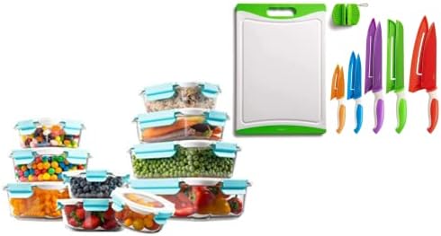 EatNeat Стъклени съдове за съхранение на храна в 10 опаковки със запечатан капак и цветен комплект кухненски ножове от 12 теми