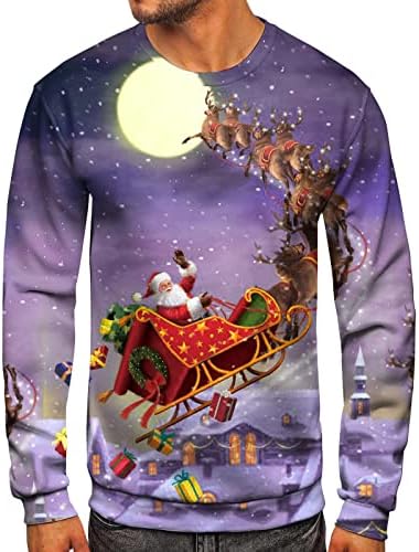 BEUU Коледен Пуловер за мъжете с Дълъг ръкав, Коледни Върхове с кръгло деколте и принтом Дядо Коледа, Вечер Случайни Дизайнерски Блузи