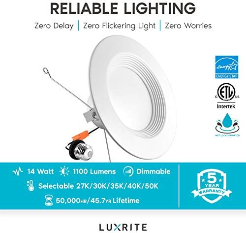 LUXRITE 5/6-инчов led-вградени промяна лампа, 14 W = 90 W, цвят CCT за избор 2700 K | 3000 До | 3500 До | 4000 До | От 5000 До осветлението с регулируема яркост 1100 лумена, за влажен употреба, Energy Star, с преграда
