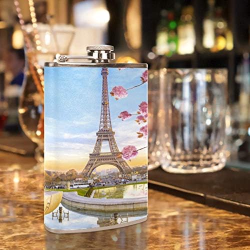 Фляжка за алкохол от Неръждаема Стомана Запечатани с Фуния 7,7 унция в Кожа Джоба една Чудесна Идея за подарък Фляжка - Eiffel Tower Spring