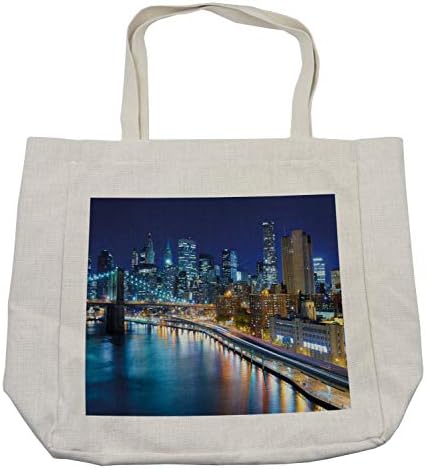 Чанта за пазаруване Ambesonne Landscape, Гледка към Известния пристанището Манхэттенского залива на Ню Йорк през нощта и Принт Небостъргачи, Дългогодишна Чанта за Еднократна употреба за покупки на плажа и не Само На