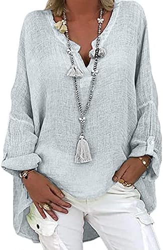 Извънгабаритни Обикновена Блузи за Жени, Пуловери Копчета с Дълъг Ръкав и Имитация на шията, Класически Памучни Ризи, Ежедневна Блуза Размер Плюс