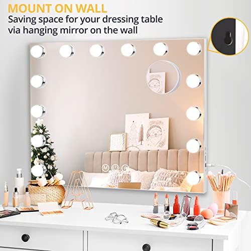 Голливудское Огледало за тоалетка маса с осветление - Настолни Огледала за грим с 14 Регулируеми led светлини и USB порт за зареждане, 3-Цветен Осветление, Огледало с осветление за плота в спалнята, Огледалото със сензорен
