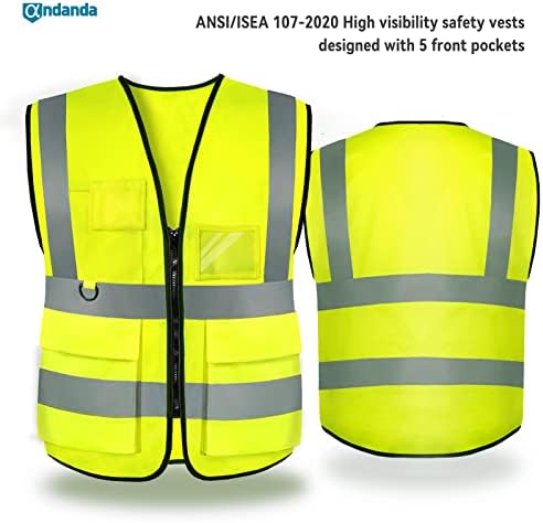 Отразяваща жилетка повишена видимост ANDANDA с 5 Многофункционални джобове, светлоотразителни ивици с ширина 2 инча и цип, отговаря на стандарта ANSI /ISEA, флуоресцентно жълт, Голям