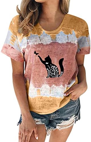 Тениска Вратовръзка Боядисват, Дамски Тениски с Изображение на Животно Котка, Върхове 2023, Лятна Тениска с Кръгло деколте и Къс Ръкав, Блуза за Момичета