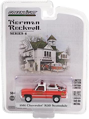 Greenlight 54060-E Norman Rockwell Series 4 - 1981 Chevy K20 Скотсдейл - Пожарна служба Стокбриджа с Пожарникар оборудване, Маркуч и Резервоар в мащаб 1: 64