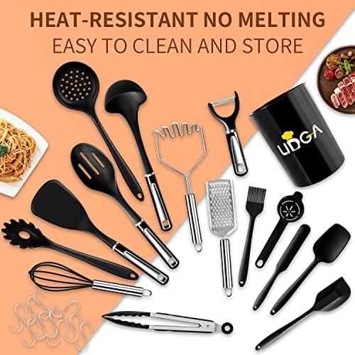 Набор от кухненски аксесоари UDGA, Материал Силикон и Найлон, Съдове за готвене с незалепващо покритие и устойчивост на топлина, Не съдържа BPA, Определени от 26 теми, Черен